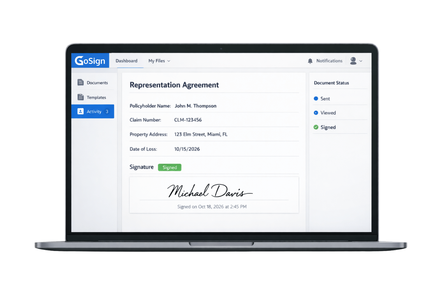 GoSign dashboard showing HR onboarding document with activity tracking