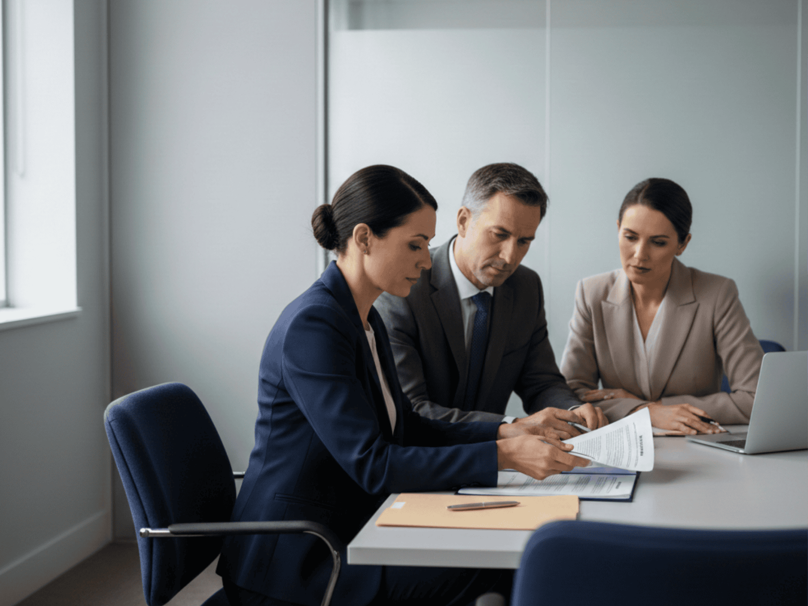 Legal and compliance team reviewing documents with electronic signatures